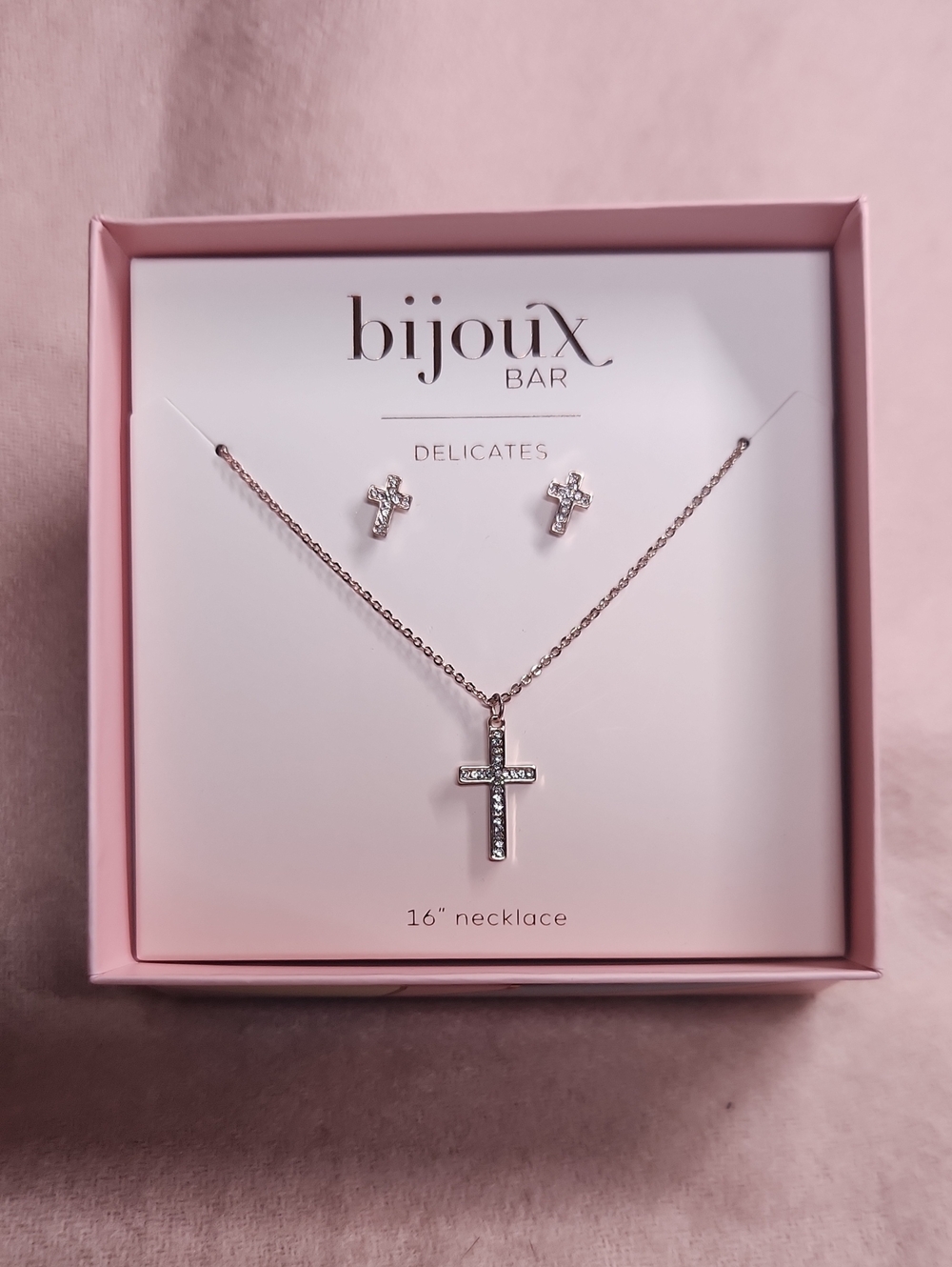 Bijoux Bar Rose Gold Cross Pendant Necklace and Stud Earrings Set